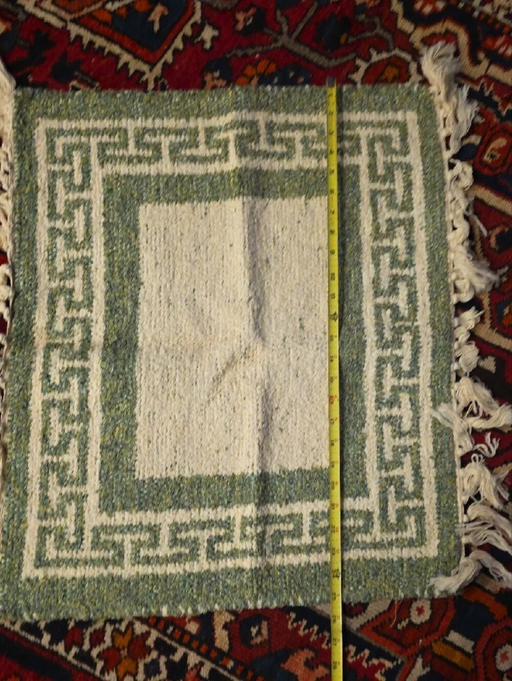 NWOT Handwoven Greek Cotton Green and Cream Bath Mat with Fringe
